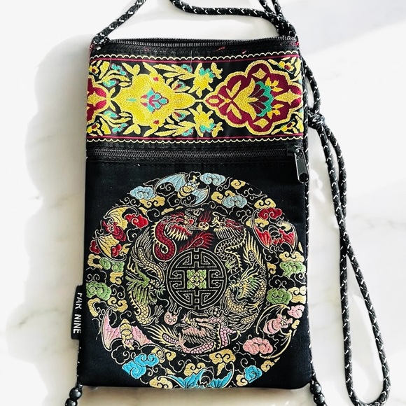 Far Nine Black Embroidered Crossbody Bag with Bohemian Flair - Picture 1 of 2